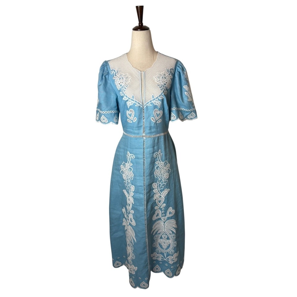 Farm Rio Midi Dress Women Medium Blue Embroidered Linen Open Back Scallop Boho - Picture 2 of 12